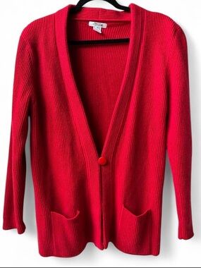 Robinsons Angora Lambswool blend Red Ribbed long Cardigan Sweater Pockets Knit M